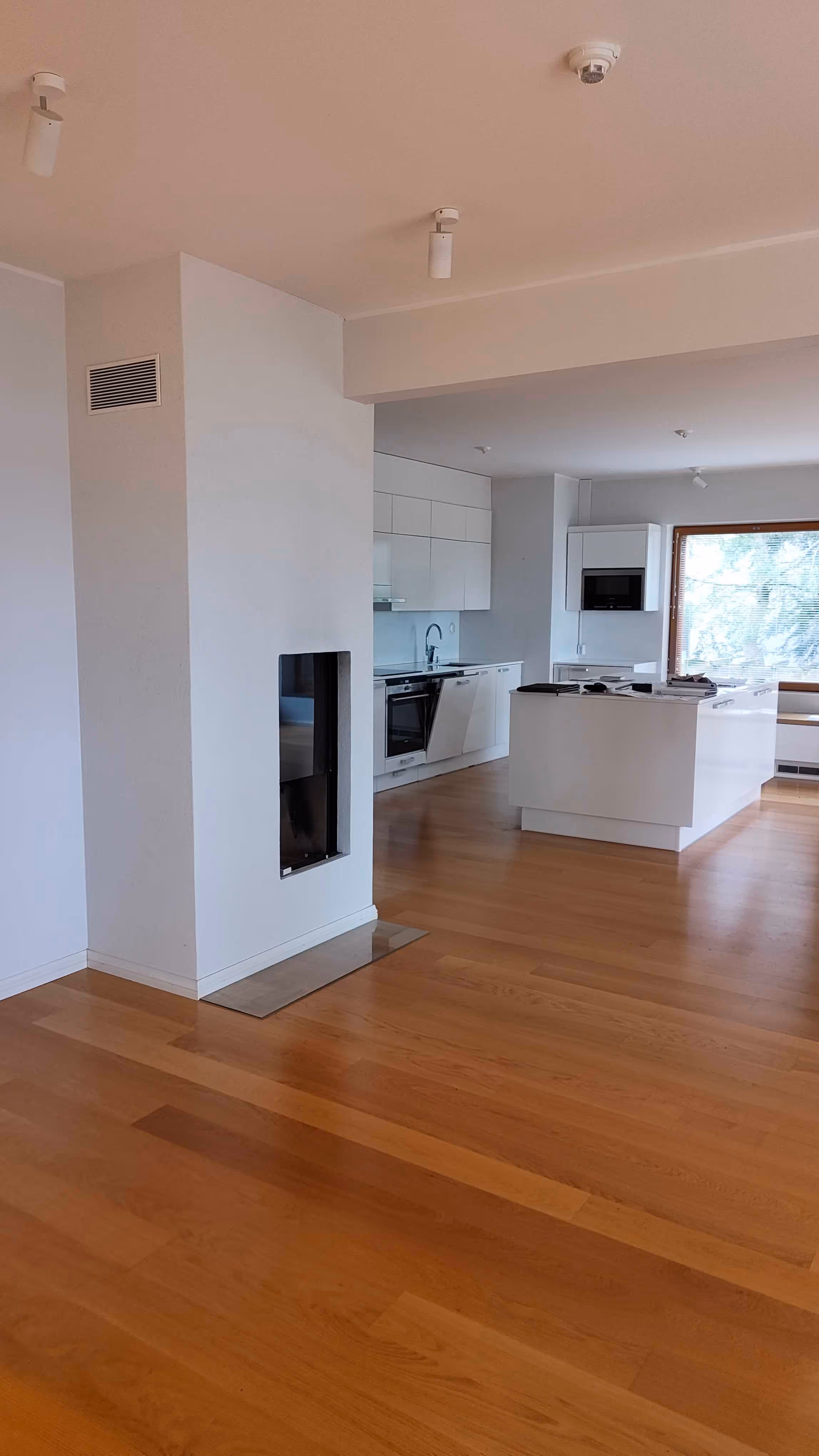 Before - Fireplace and kitchen